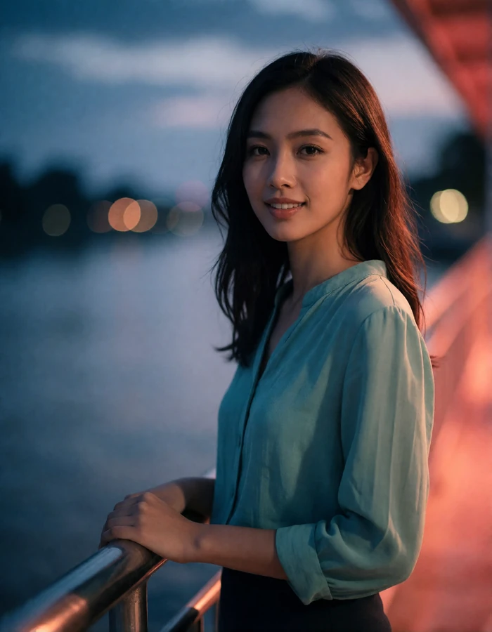 Bruneian woman in a soft teal blouse standing by a riverside railing at dusk, an example of a verified dating profile