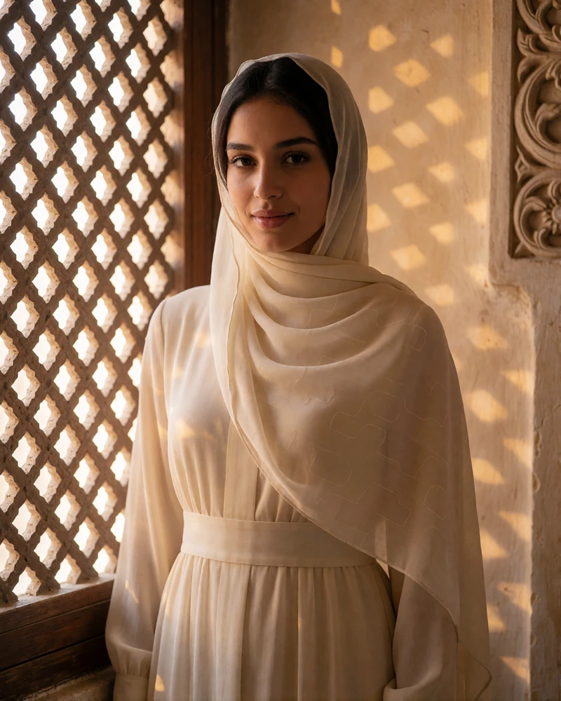 Yemeni woman in a cream dress standing beside a latticed window with warm light patterning the wall behind her