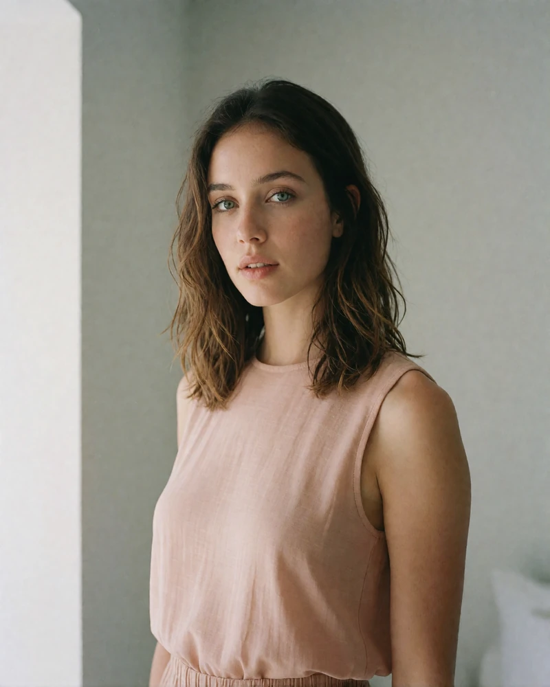 Maldivian woman in a blush top standing in a minimal resort interior, example of a verified dating profile photo