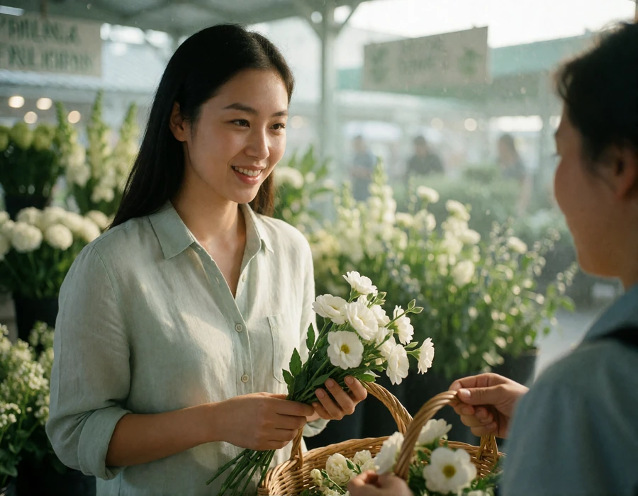 Asian woman in a light linen shirt browsing an open-air morning flower market, holding a small bunch of white blooms