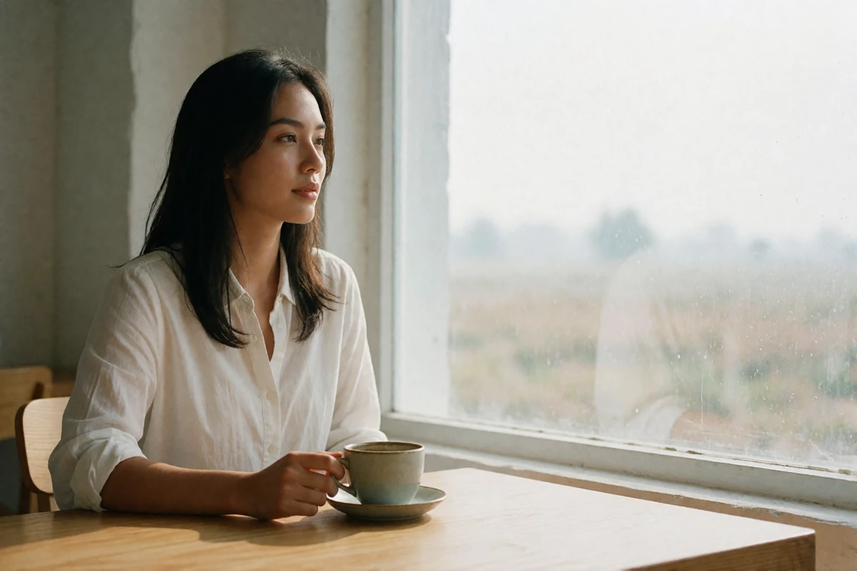 Indonesian woman at a light wood café table by a window, holding a ceramic cup, an example of everyday Indonesian dating profile photography