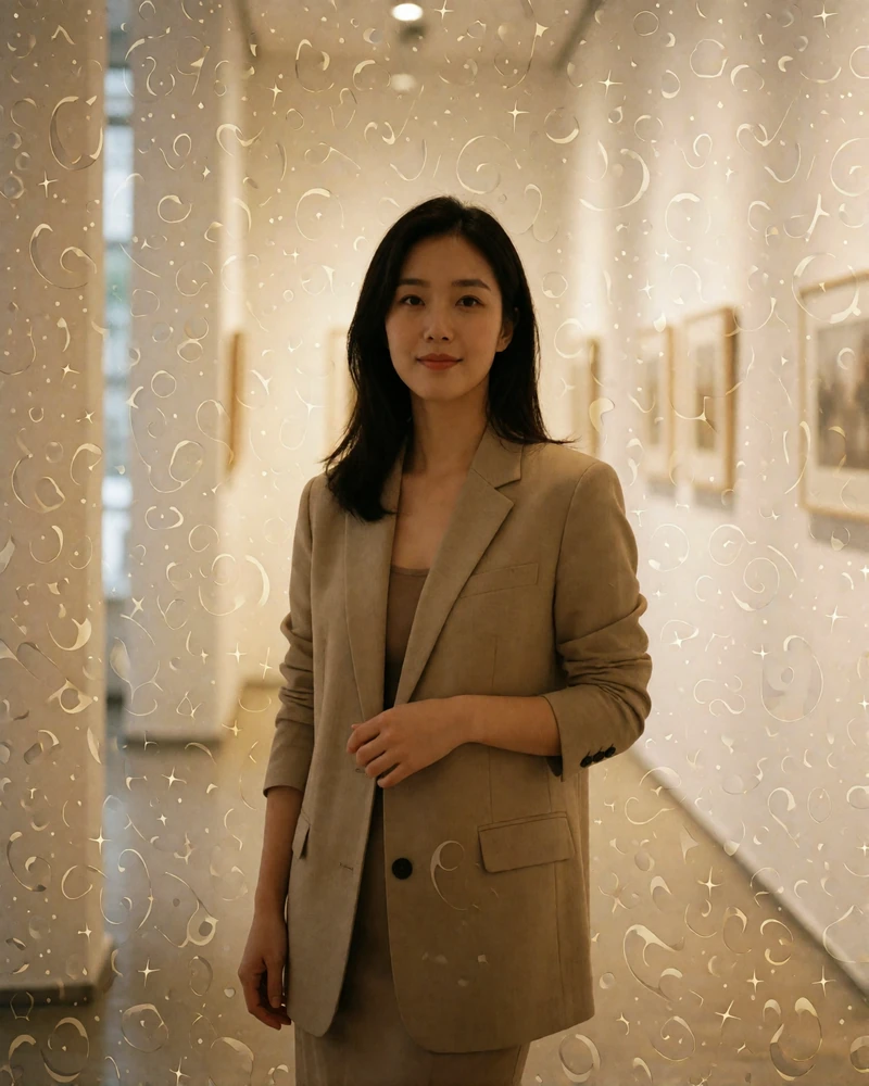 Korean woman in a soft beige blazer standing in a bright minimalist gallery corridor, an example of a photo-verified Korean dating profile
