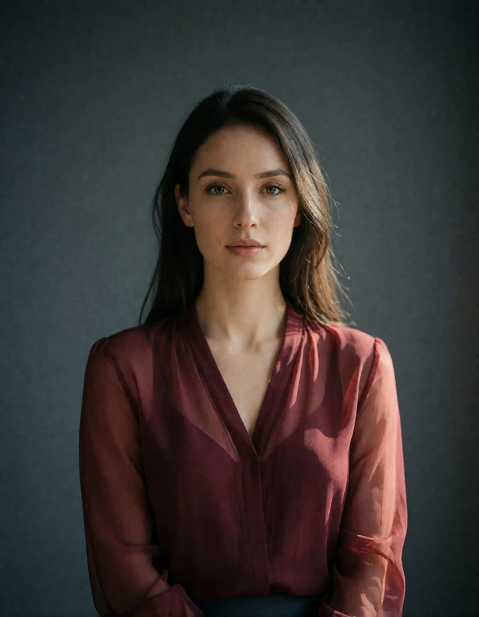 Tajik woman in a burgundy blouse photographed against a plain grey backdrop, an example of a verified Tajik dating profile portrait