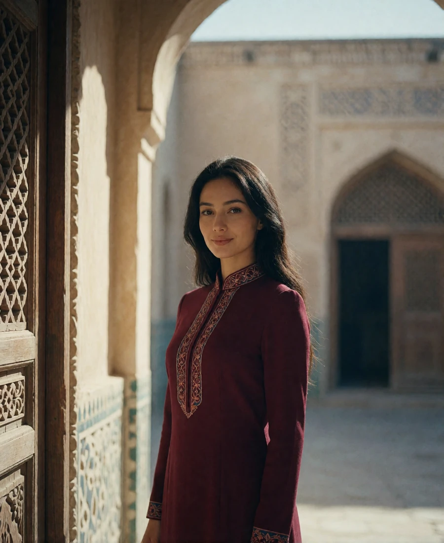 Poised Tajik woman in an embroidered burgundy dress standing in a sunlit courtyard, an example of a verified Tajik dating profile portrait