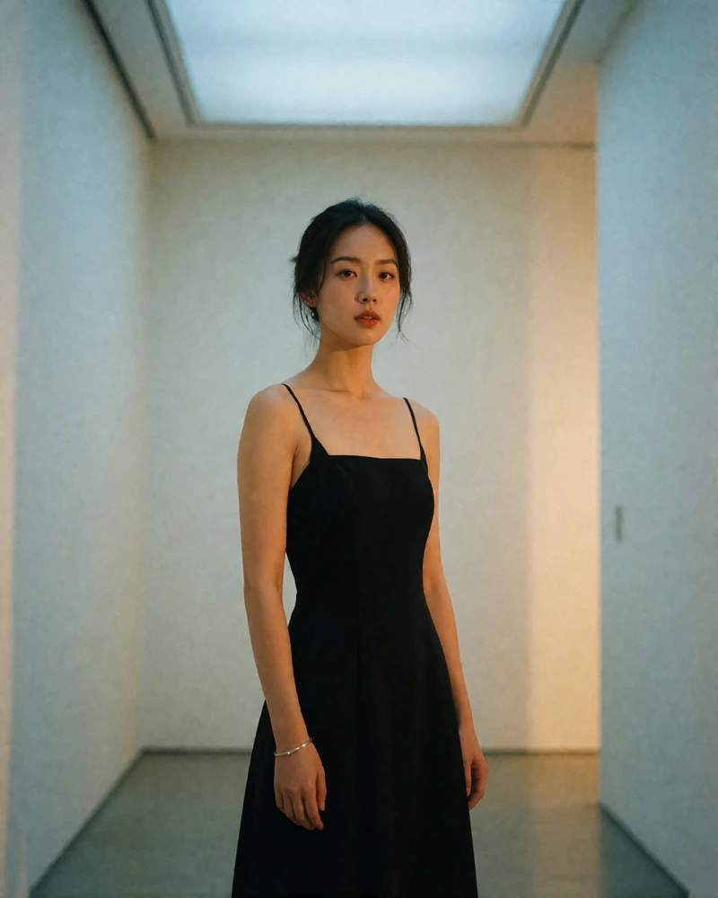 Chinese woman in a black sleeveless dress standing in a minimalist art gallery corridor