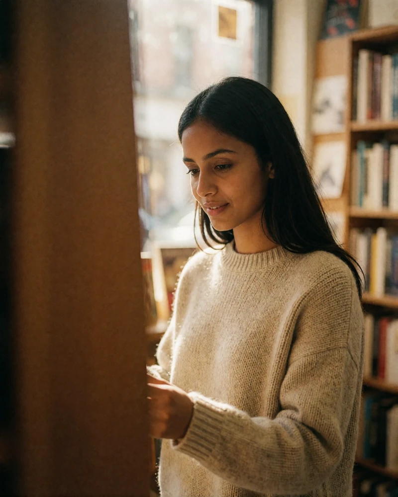 Indian woman in an oatmeal knit sweater browsing shelves in a quiet bookshop, illustrative candid Indian dating profile photography