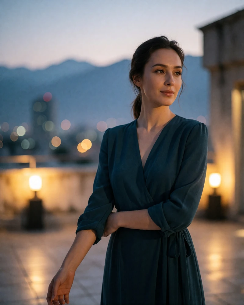 Kyrgyz woman in a teal wrap dress standing on a rooftop terrace at dusk with city and mountain silhouettes behind her