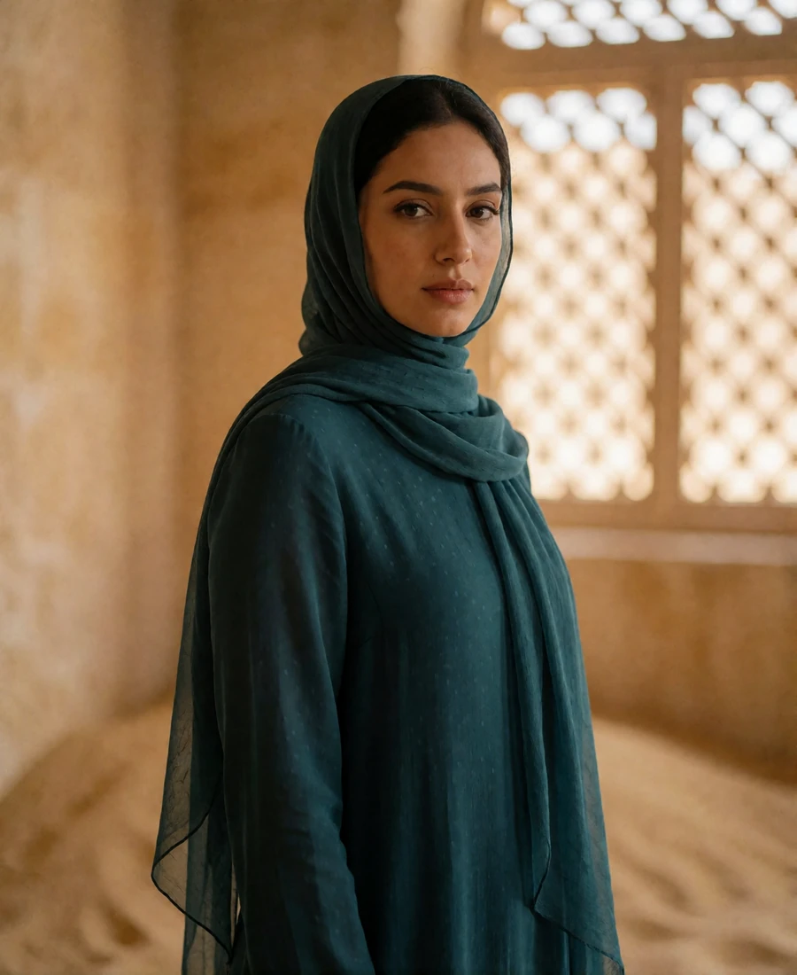 Elegant Yemeni woman in a deep teal dress with a softly draped headscarf standing in a warmly lit sandstone interior