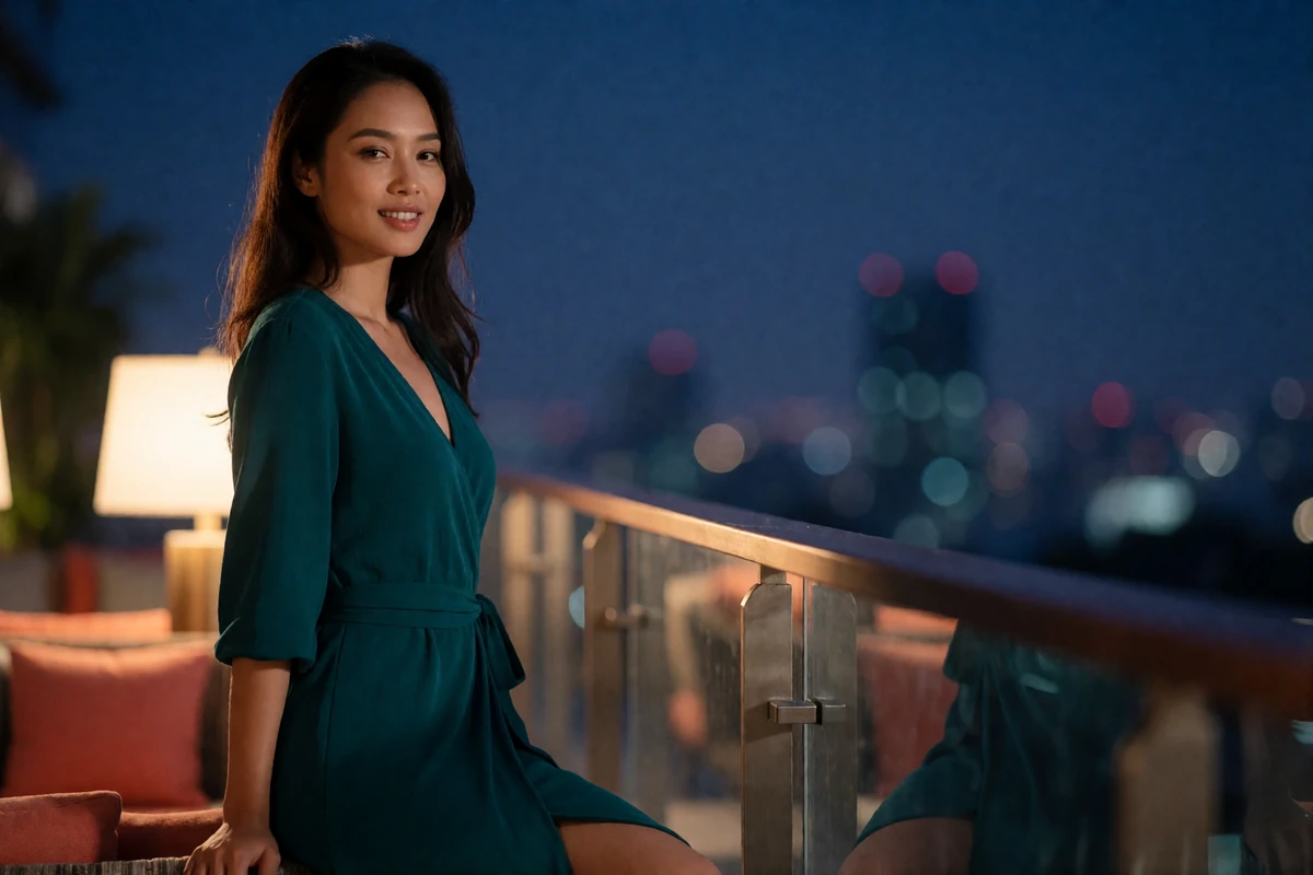 Southeast Asian woman in a teal wrap dress standing at a rooftop lounge balustrade at blue hour, illustrating the NaomiDate platform review