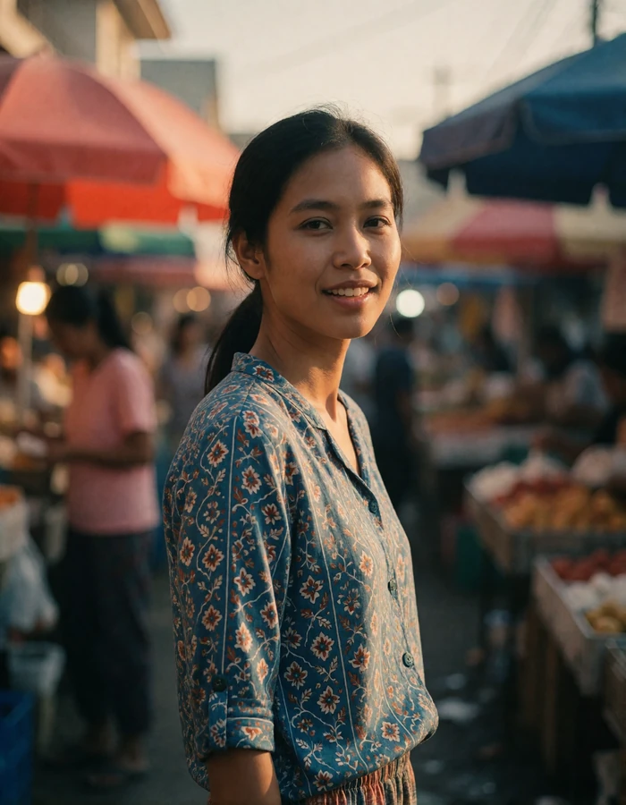 Southeast Asian woman in a patterned blue blouse smiling among market stalls in late afternoon light