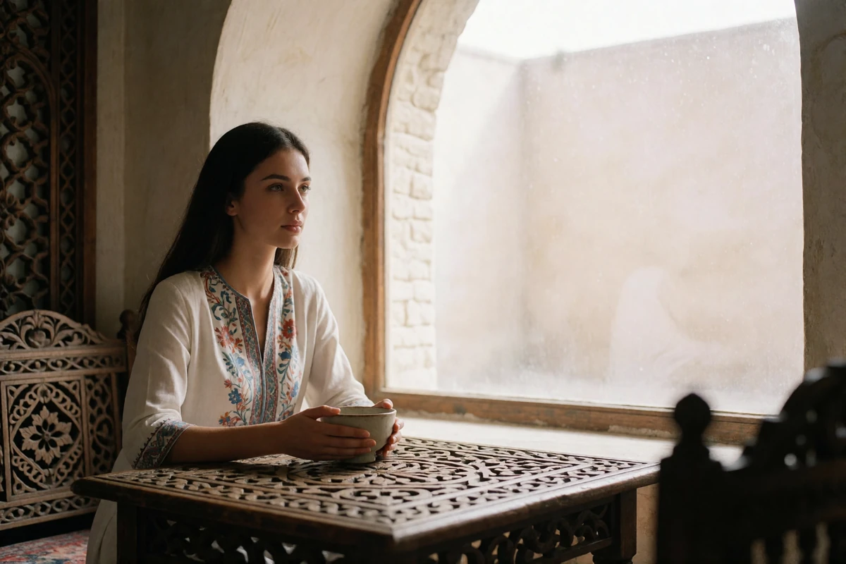 Uzbek woman beside a bright arched window in a refined teahouse setting
