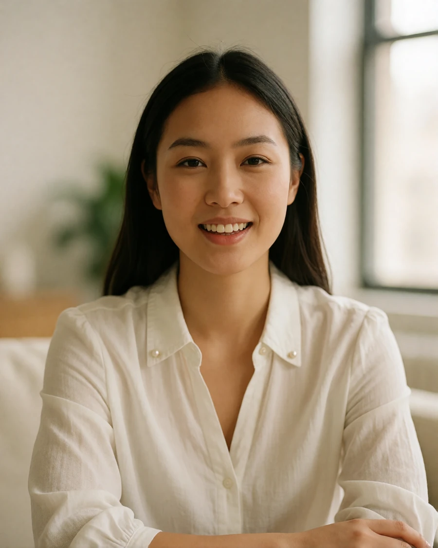 Asian woman in a white cotton blouse smiling in a bright modern apartment, illustrating a natural daylight dating profile photo