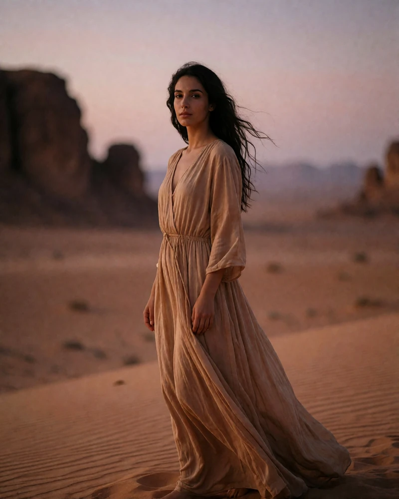 Jordanian woman in a flowing sand-colored dress standing in open desert at dusk, an example of a verified Jordanian dating profile