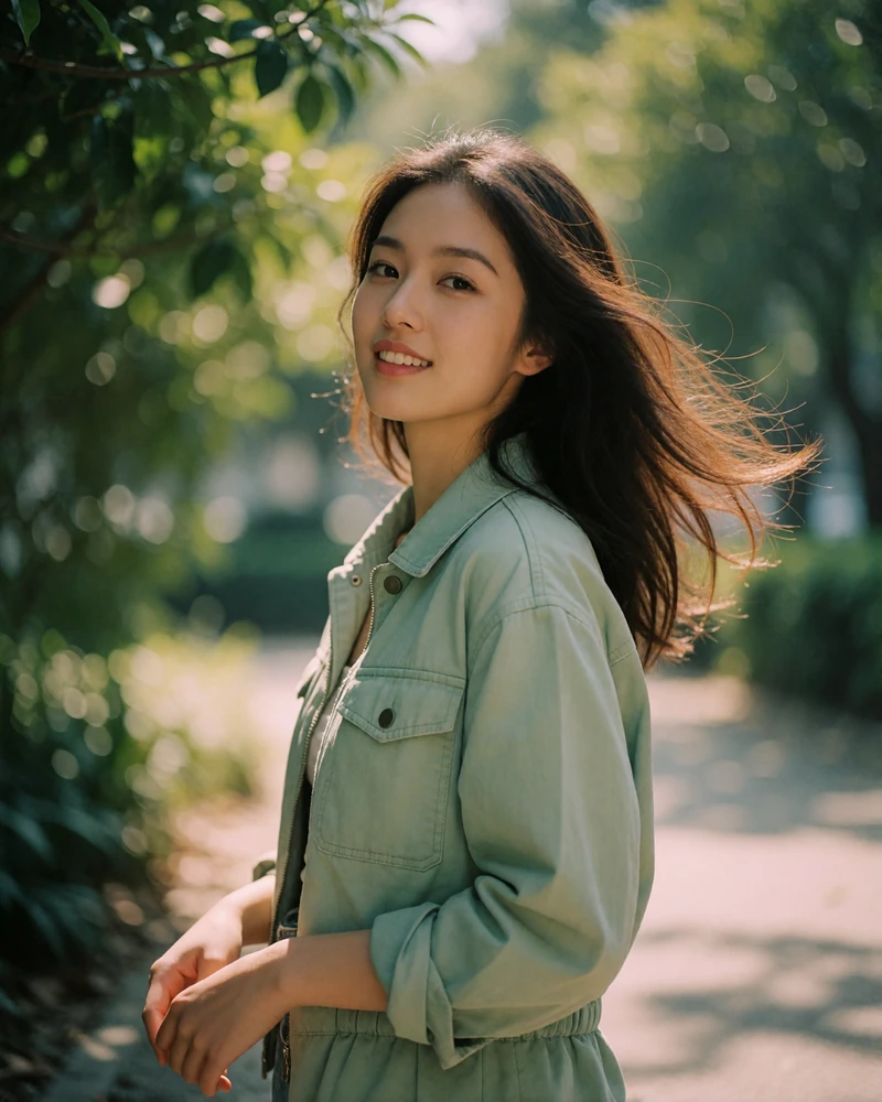 Taiwanese woman in a light sage jacket on a shaded park path, natural candid dating profile photography