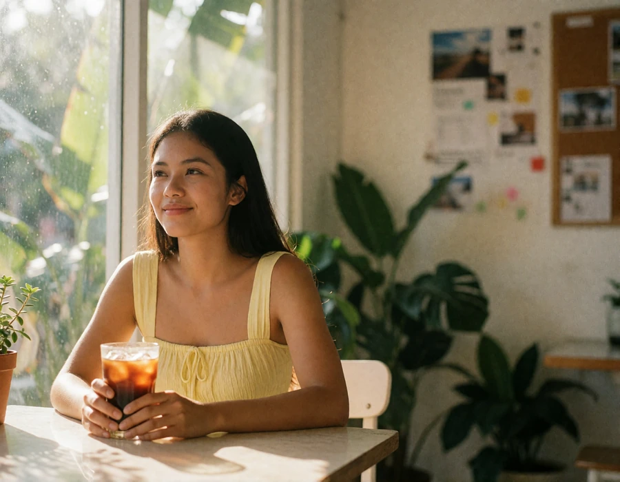 Filipina woman in a pale yellow top seated alone at a bright café table holding iced coffee