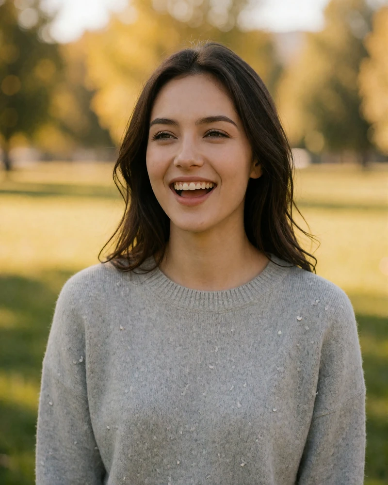 Kazakh woman in a light grey sweater smiling in a sunlit park