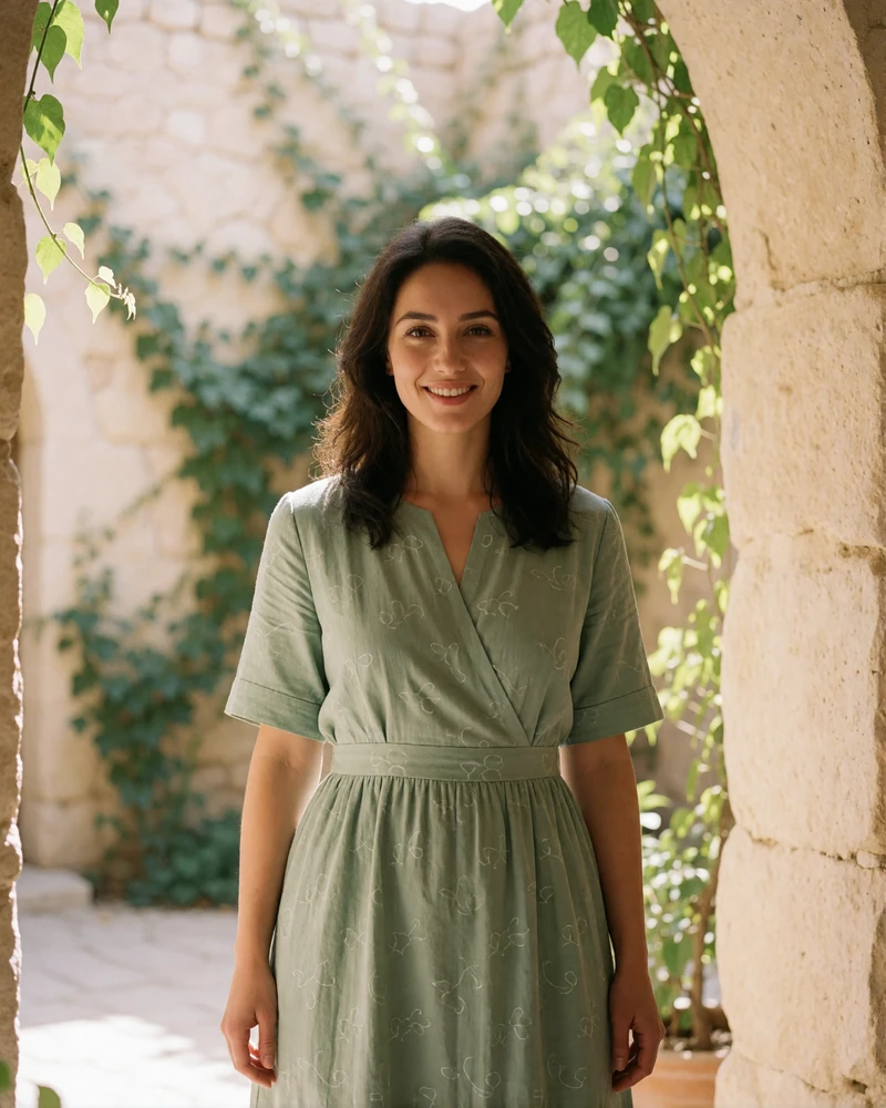 Turkmen woman in a sage green dress standing in a sunlit stone courtyard, natural Turkmen dating profile photography