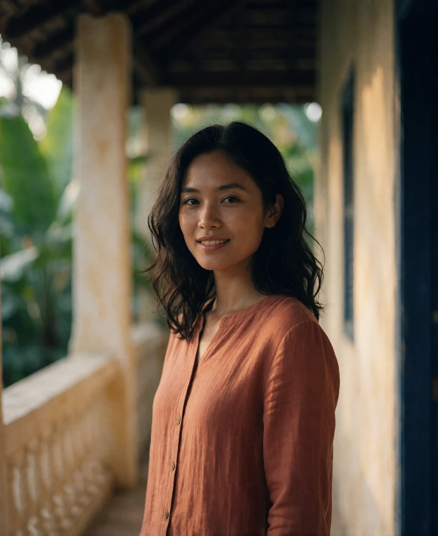 Southeast Asian woman in a terracotta linen blouse smiling on a shaded veranda, an example of a verified Timorese dating profile portrait