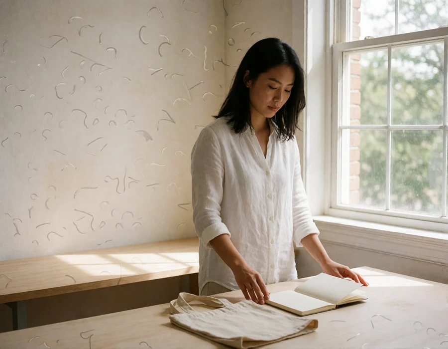 Asian woman in a white linen shirt at a bright desk with a notebook, planning ahead