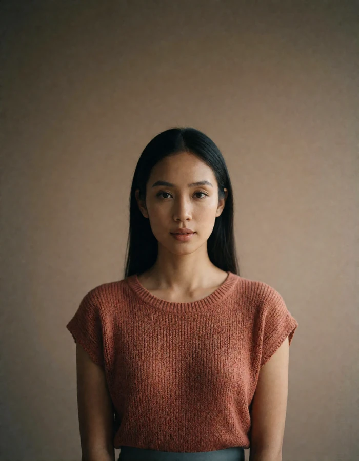 Southeast Asian woman in a rust knit top giving a calm direct gaze against a plain backdrop, verified dating profile portrait