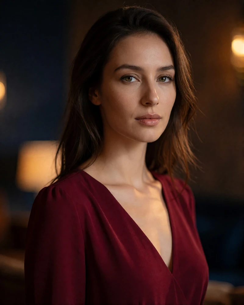 Uzbek woman in a garnet evening dress in an upscale interior for Uzbek dating
