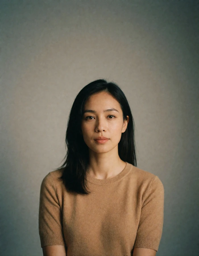 Singaporean woman in a camel knit top photographed against a plain warm grey backdrop, candid Singaporean dating profile photography