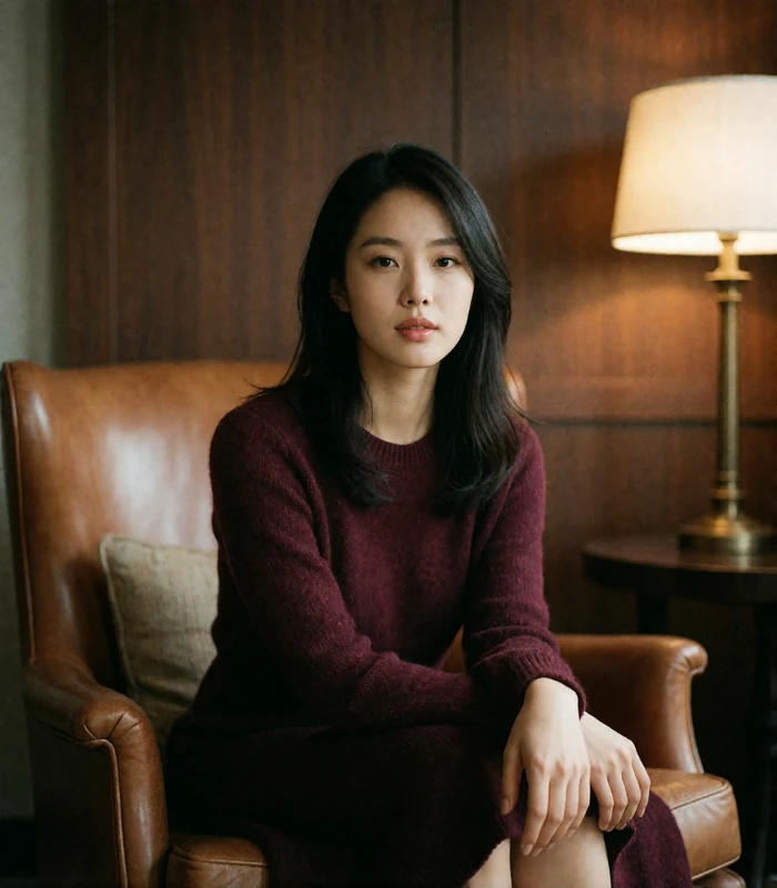 Korean woman in a burgundy knit dress seated in a leather lounge chair, calm attentive gaze, evening interior lighting