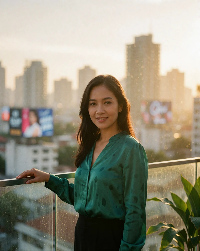 Filipina woman in an emerald blouse standing on a rooftop lounge above a city skyline at dusk, illustrating a verified Filipino dating profile