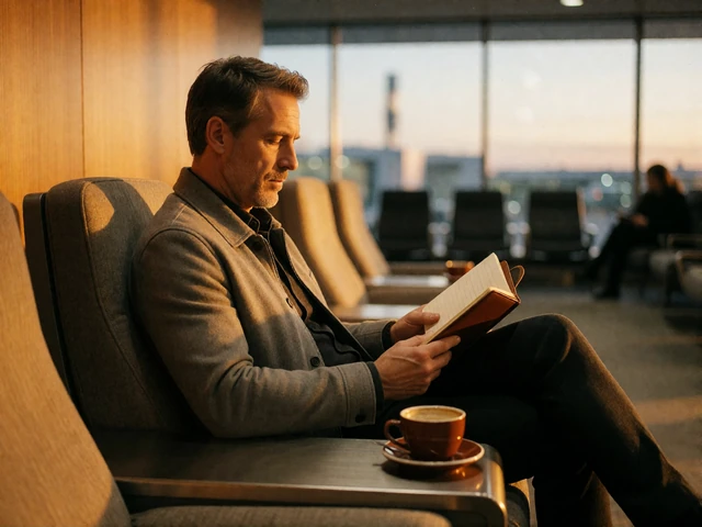 Businessman in a grey jacket reviewing a leather notebook in an airport lounge while planning international dating travel