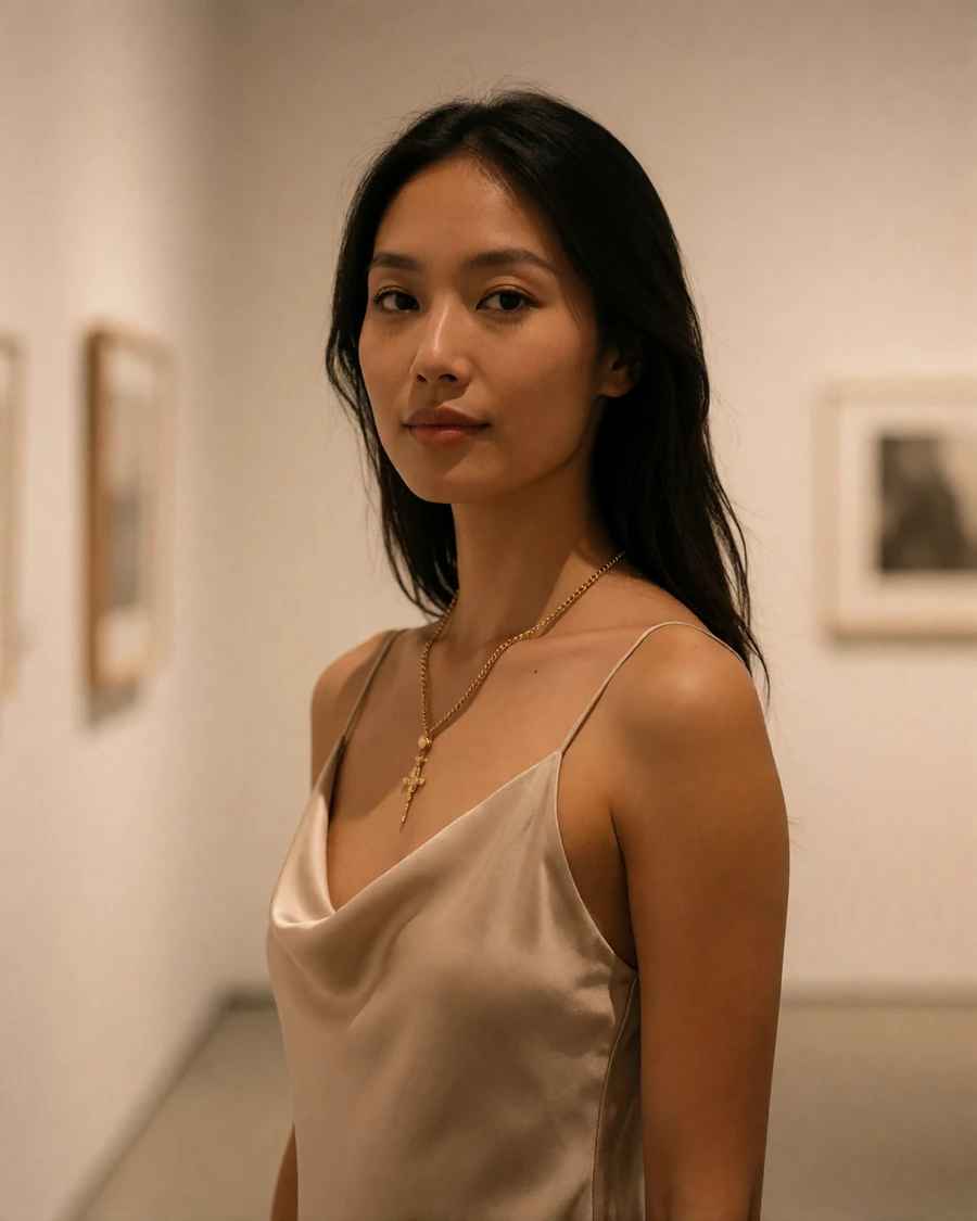 Poised Asian woman in a champagne silk dress standing in a minimalist gallery corridor, shown as a verified dating profile photo