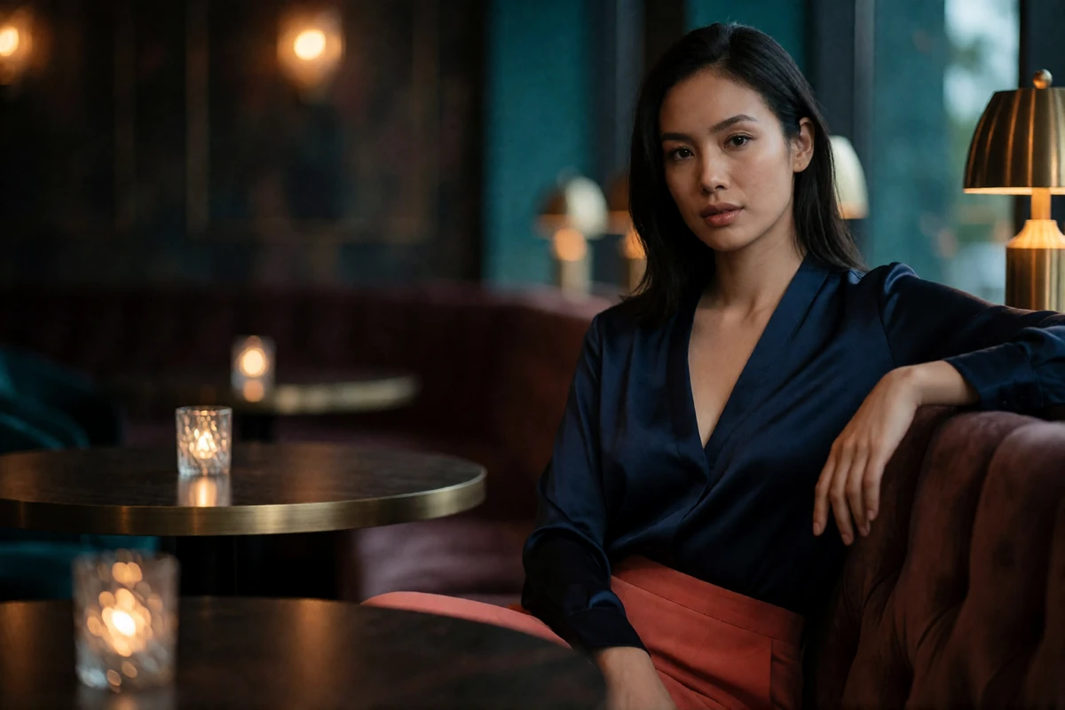 Singaporean woman in a navy silk blouse seated in an upscale evening lounge, lifestyle photography for Singaporean dating
