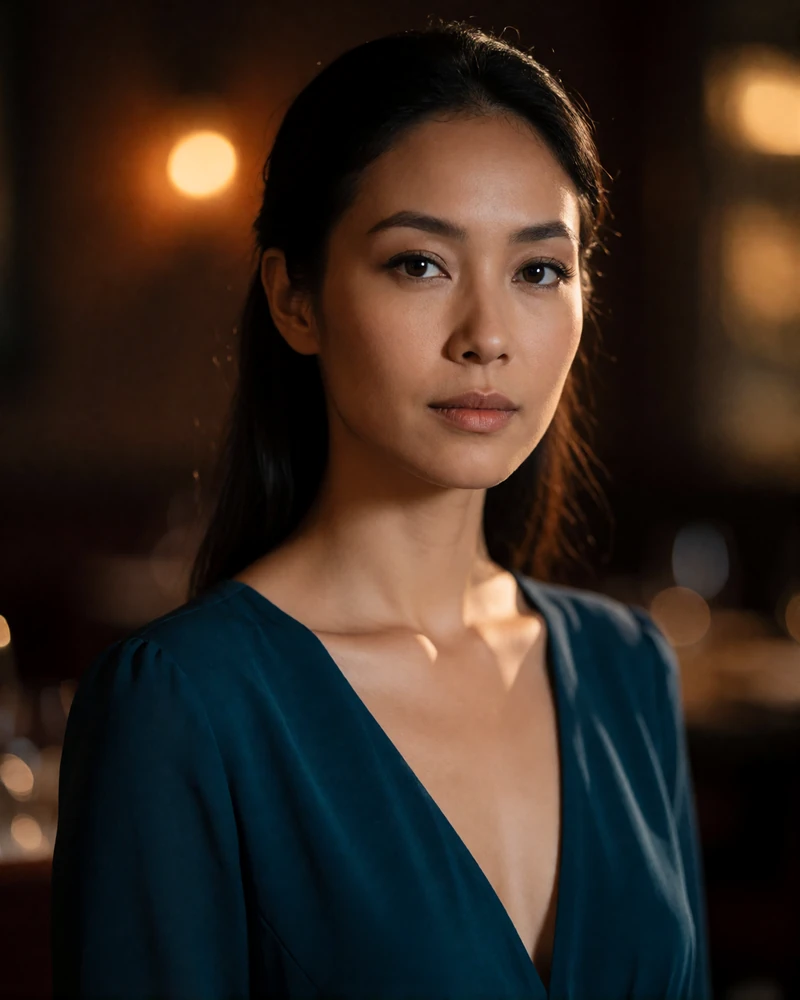 Malaysian woman in a deep teal evening dress in a dark restaurant setting, illustrating a verified Malaysian dating profile