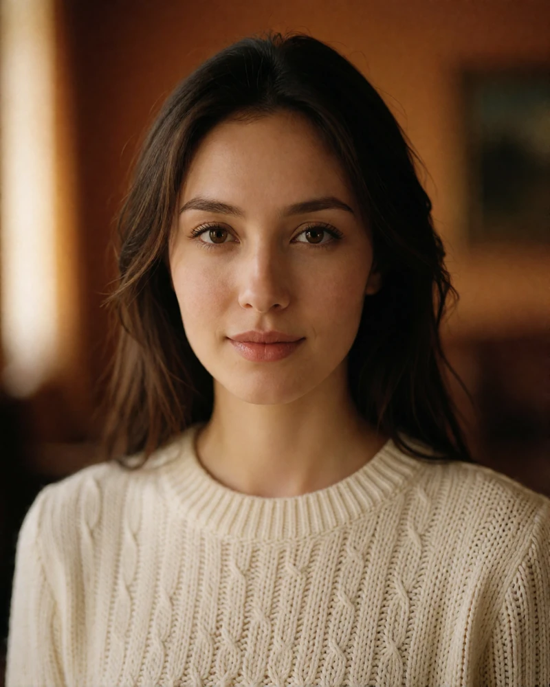 Kazakh woman wearing a cream knit top in a warm softly lit interior