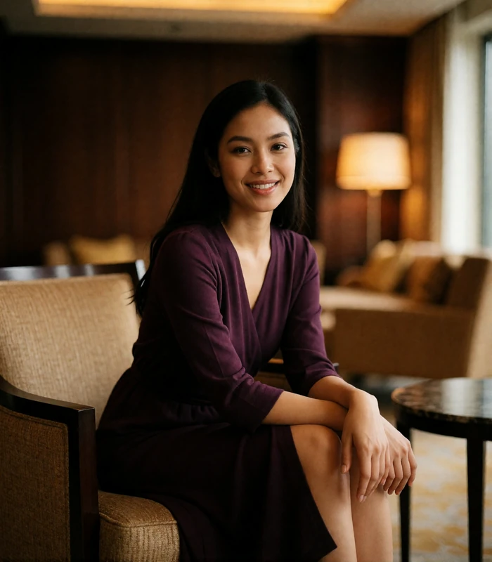 Burmese woman in a plum wrap dress seated in an upscale hotel lounge, evening lifestyle photography for Burmese dating