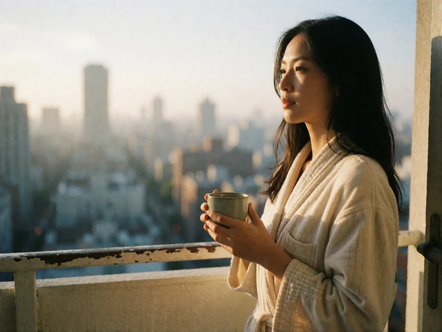 Asian woman in a robe holding coffee on a sunlit apartment balcony overlooking a hazy morning city