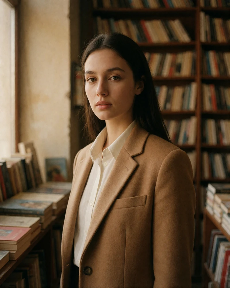Turkmen woman in a camel blazer standing in a warmly lit bookstore aisle, thoughtful Turkmen dating profile portrait