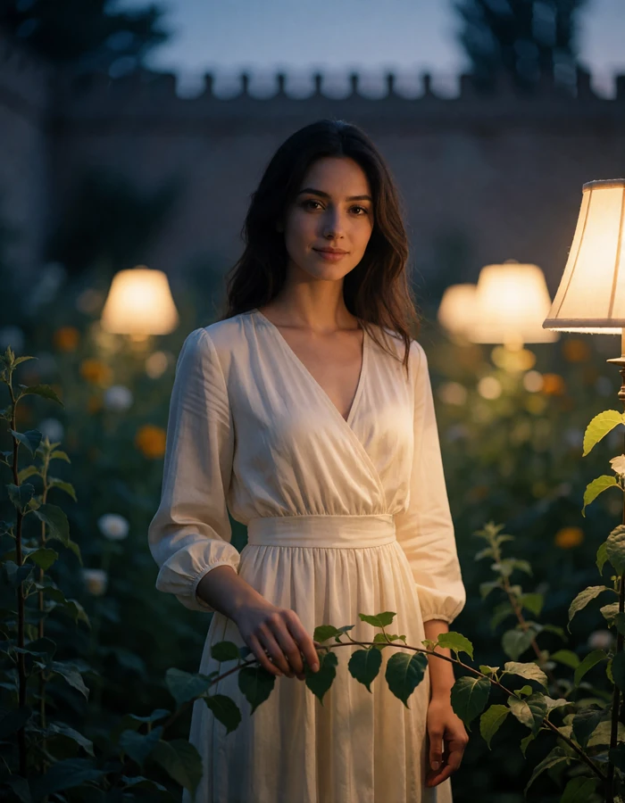 Tajik woman in an ivory dress standing in a walled garden at early evening, illustrating a verified Tajik dating profile