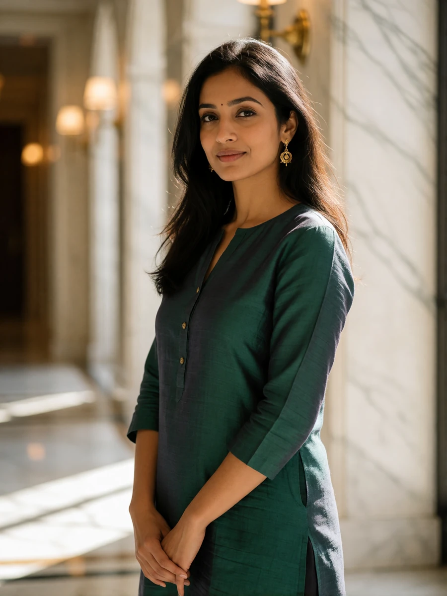 Poised Indian woman in an emerald silk kurta standing in a marble hotel atrium, an example of a verified Indian dating profile portrait