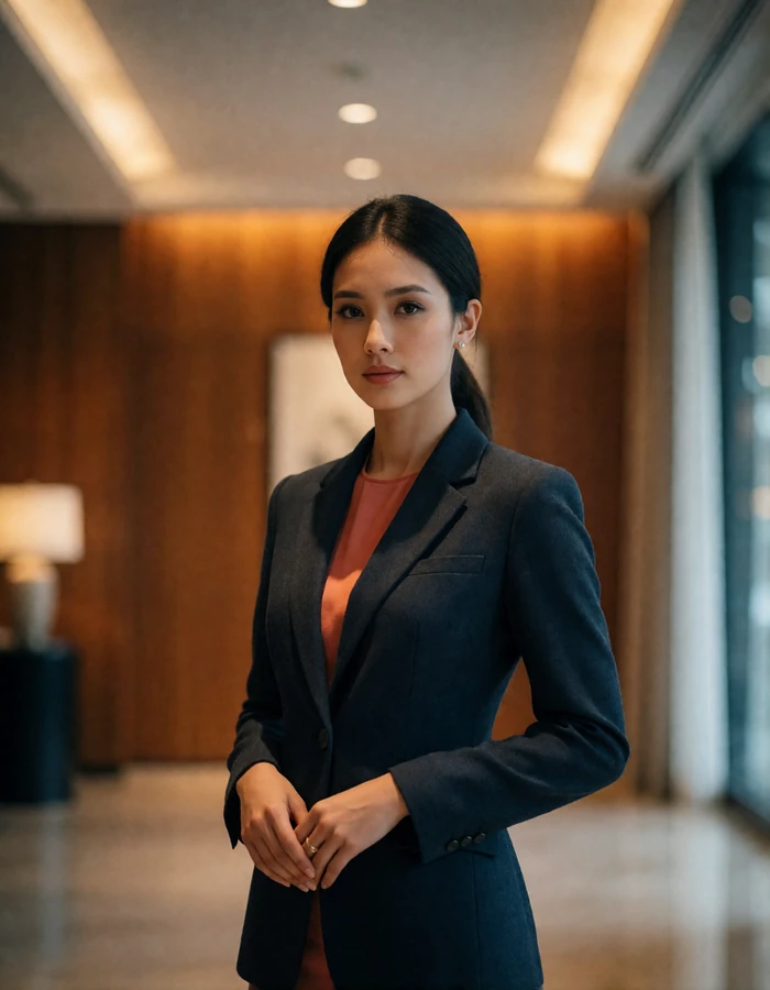 Laotian woman in a tailored charcoal blazer standing composed in an upscale hotel lobby