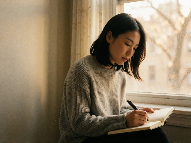 Asian woman writing in a notebook by a sunlit window while reflecting on a conversation