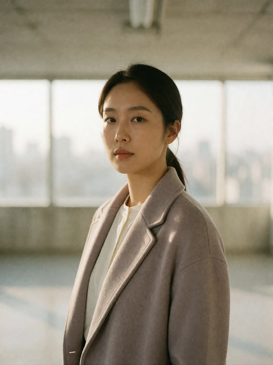 Korean woman in a dove-grey coat standing with a calm, resolute expression in a blurred modern city interior