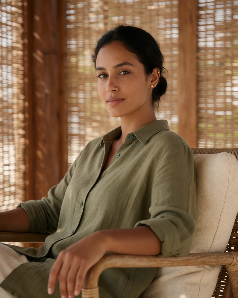 Maldivian woman in an olive linen shirt seated on a shaded resort terrace, example of a verified dating profile photo